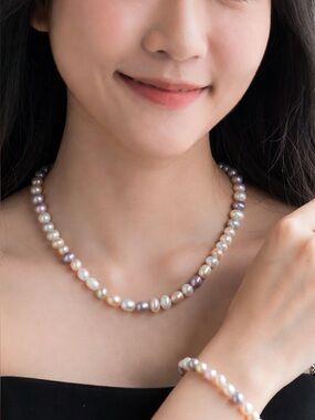 Freshwater Cultured Peach Cream Pearl Necklace Bracelet Set New in Box S925